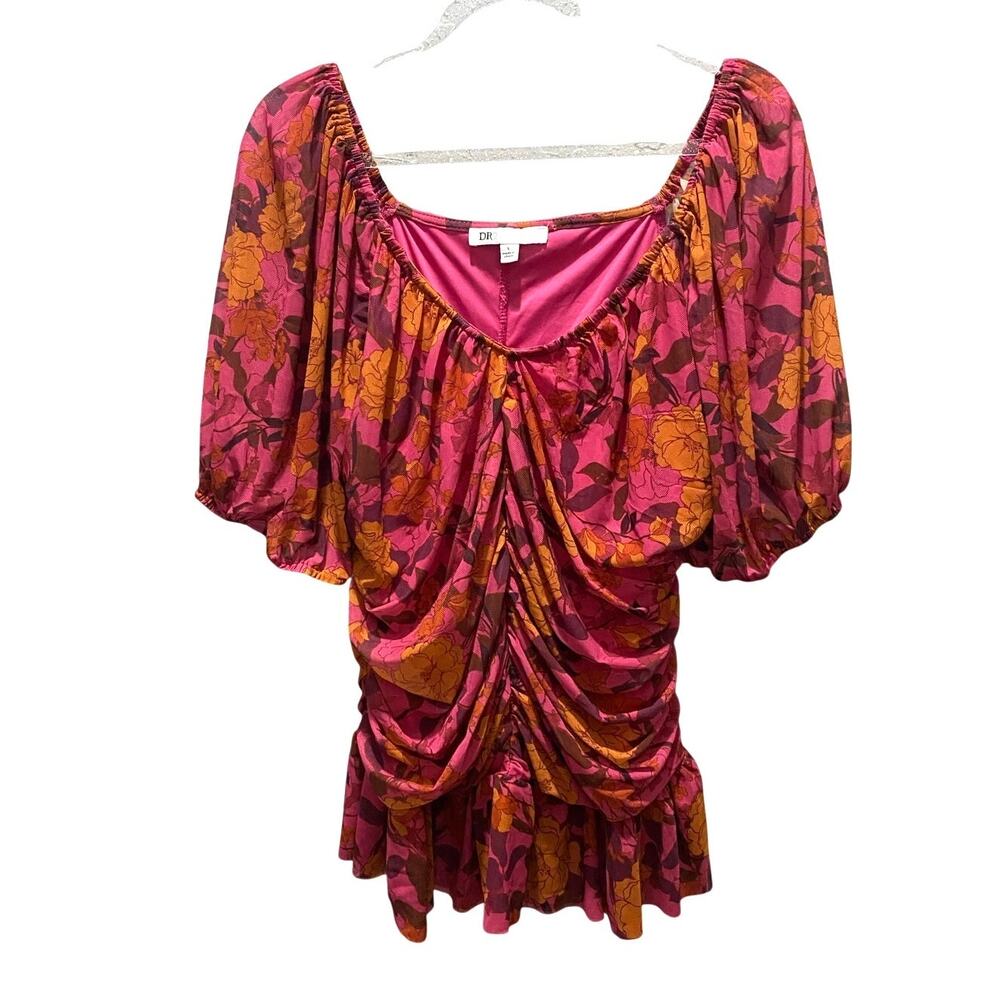 Dr2 Daniel Rainn puff sleeve ruched mesh peplum top Sz L Boho Milkmaid babydoll